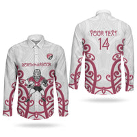 North Harbour Custom Rugby New Zealand Couples Matching Short Sleeve Bodycon Dress and Long Sleeve Button Shirt Aotearoa Maori Pukana Tiki Mascot