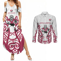 North Harbour Custom Rugby New Zealand Couples Matching Summer Maxi Dress and Long Sleeve Button Shirt Aotearoa Maori Pukana Tiki Mascot
