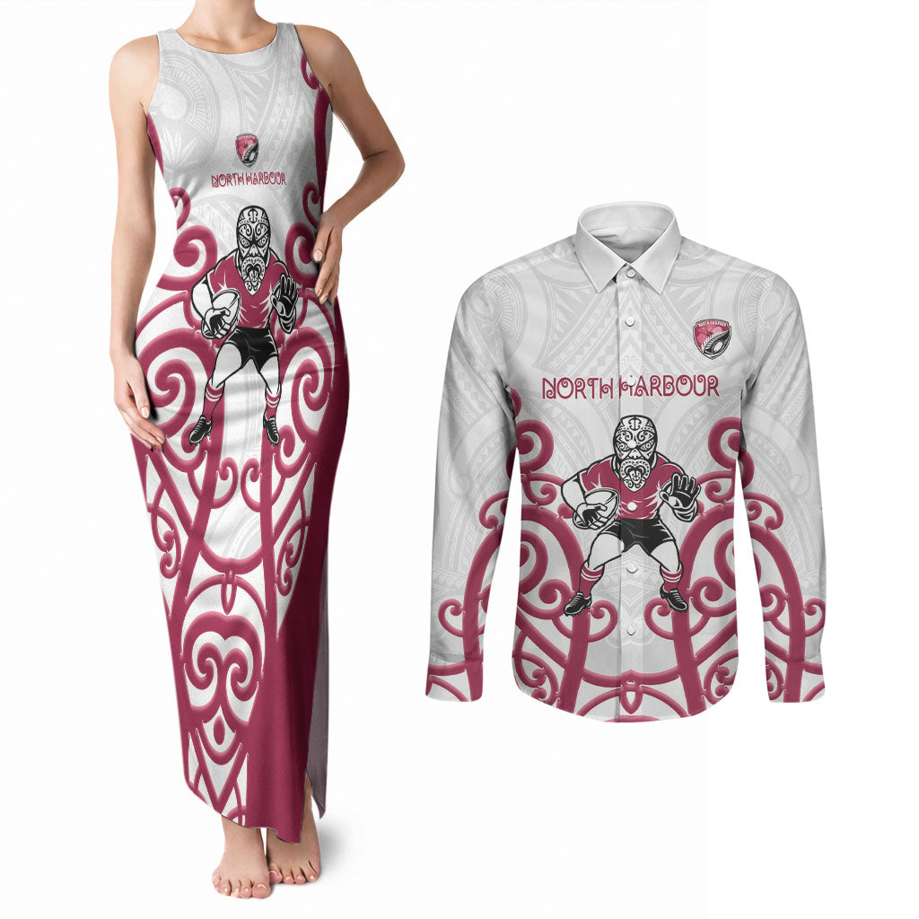 North Harbour Custom Rugby New Zealand Couples Matching Tank Maxi Dress and Long Sleeve Button Shirt Aotearoa Maori Pukana Tiki Mascot