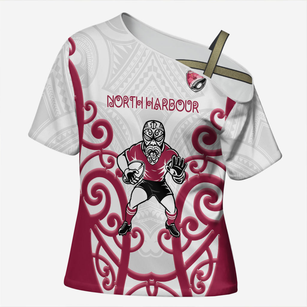 North Harbour Custom Rugby New Zealand Cross Shoulder Shirt Aotearoa Maori Pukana Tiki Mascot