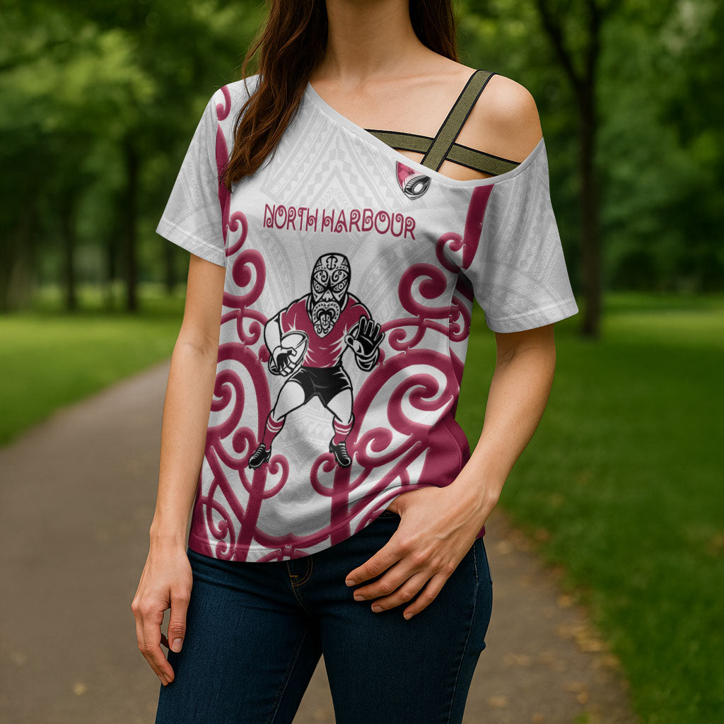 North Harbour Custom Rugby New Zealand Cross Shoulder Shirt Aotearoa Maori Pukana Tiki Mascot