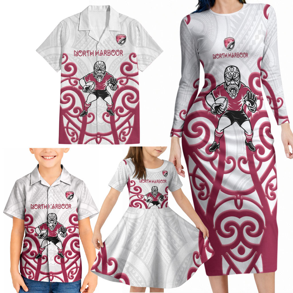 North Harbour Custom Rugby New Zealand Family Matching Long Sleeve Bodycon Dress and Hawaiian Shirt Aotearoa Maori Pukana Tiki Mascot