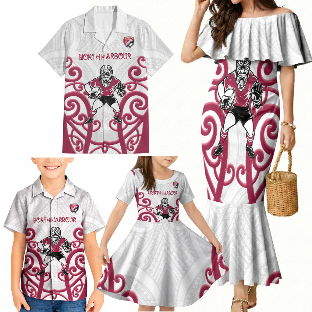 North Harbour Custom Rugby New Zealand Family Matching Mermaid Dress and Hawaiian Shirt Aotearoa Maori Pukana Tiki Mascot