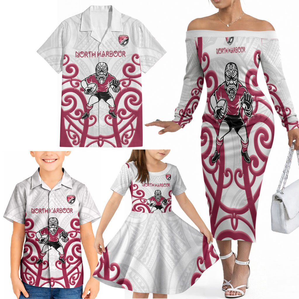 North Harbour Custom Rugby New Zealand Family Matching Off The Shoulder Long Sleeve Dress and Hawaiian Shirt Aotearoa Maori Pukana Tiki Mascot