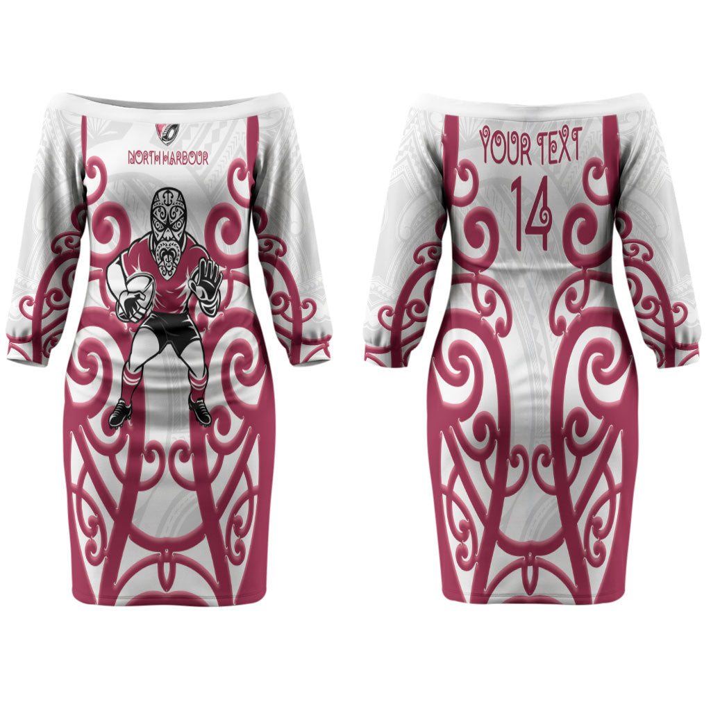 North Harbour Custom Rugby New Zealand Family Matching Off The Shoulder Long Sleeve Dress and Hawaiian Shirt Aotearoa Maori Pukana Tiki Mascot