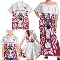 North Harbour Custom Rugby New Zealand Family Matching Off Shoulder Maxi Dress and Hawaiian Shirt Aotearoa Maori Pukana Tiki Mascot
