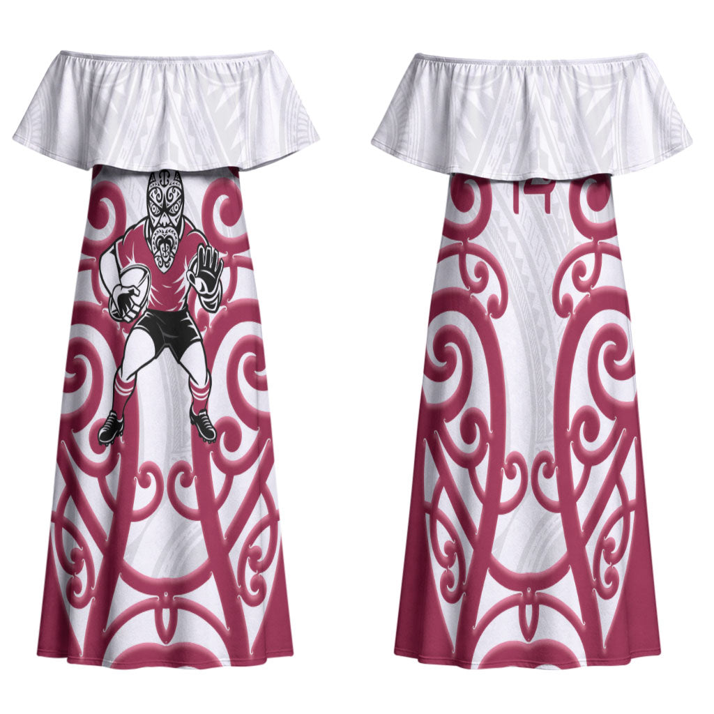 North Harbour Custom Rugby New Zealand Family Matching Off Shoulder Maxi Dress and Hawaiian Shirt Aotearoa Maori Pukana Tiki Mascot