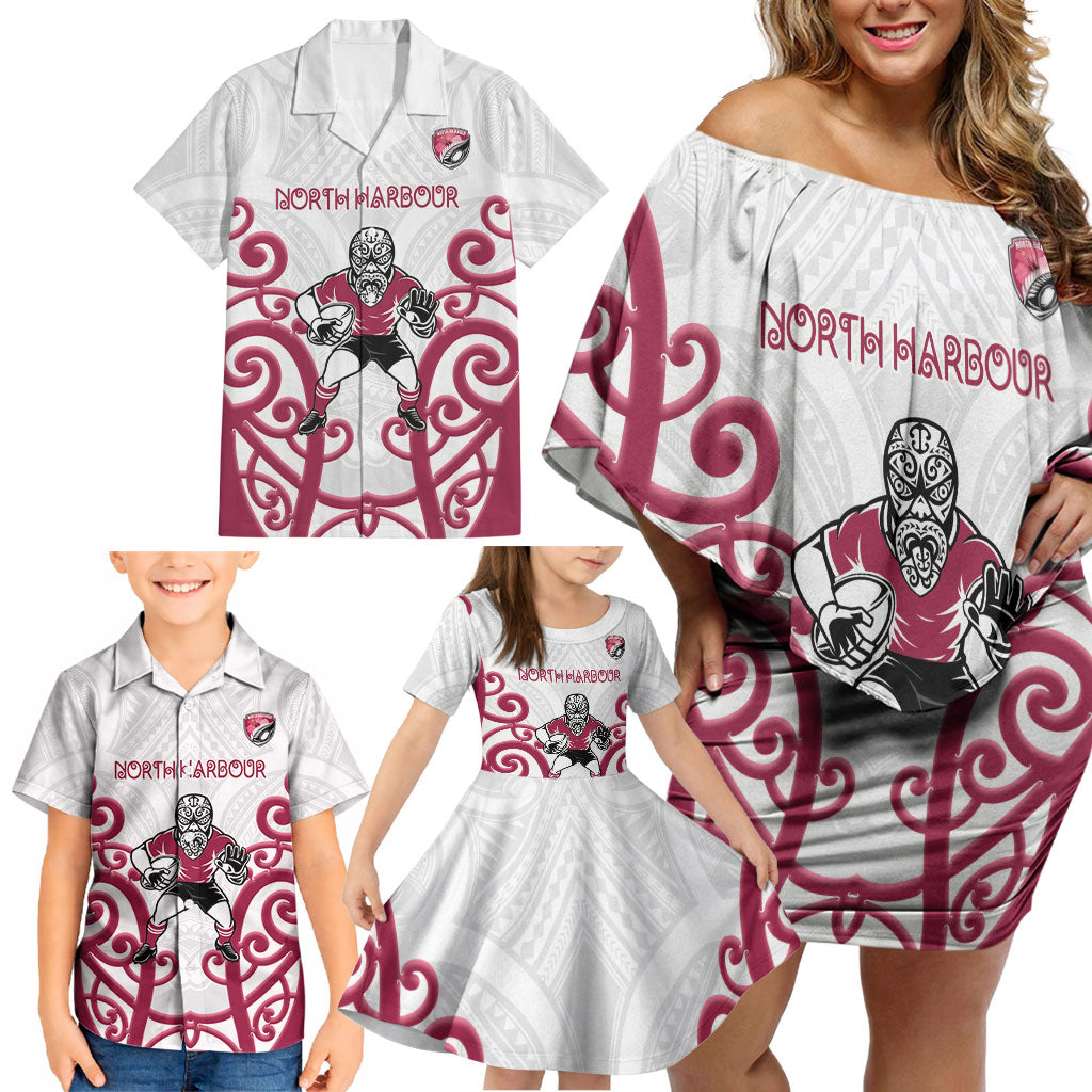 North Harbour Custom Rugby New Zealand Family Matching Off Shoulder Short Dress and Hawaiian Shirt Aotearoa Maori Pukana Tiki Mascot