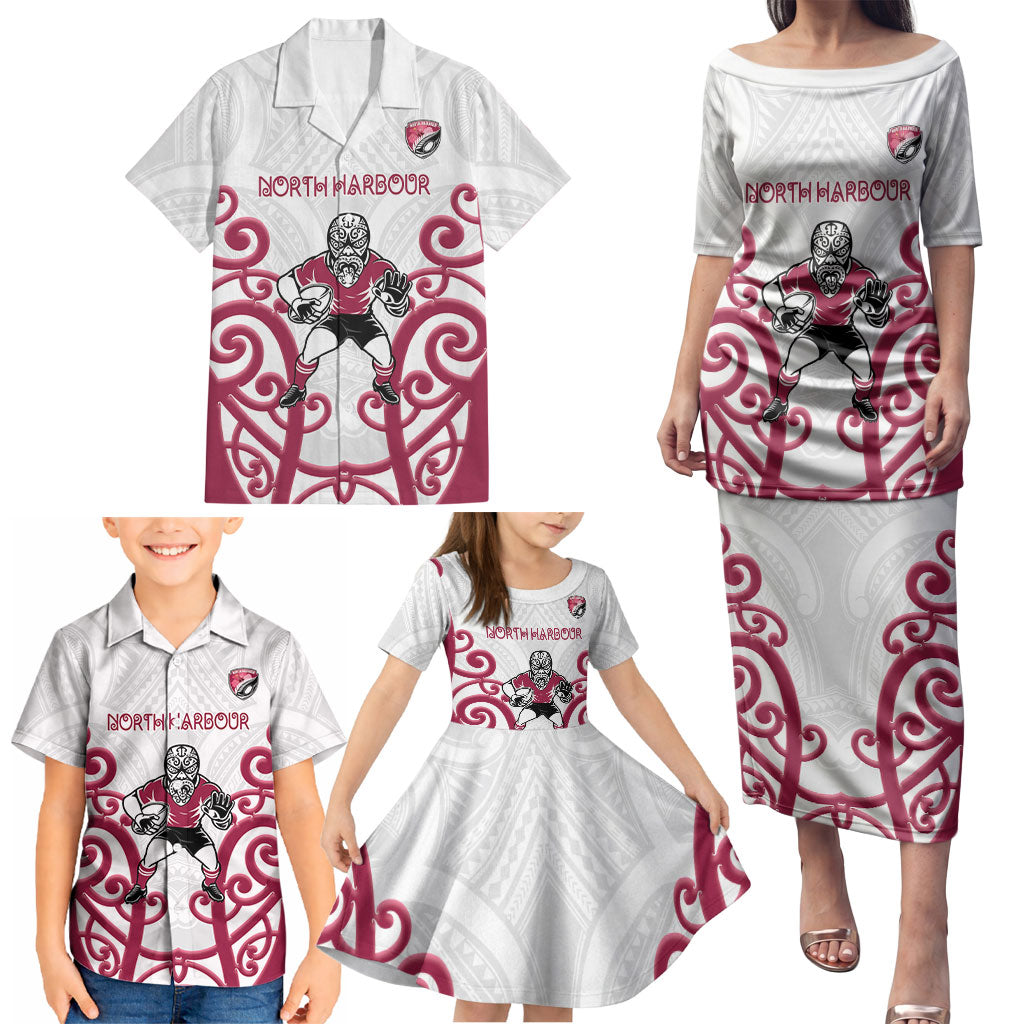 North Harbour Custom Rugby New Zealand Family Matching Puletasi and Hawaiian Shirt Aotearoa Maori Pukana Tiki Mascot