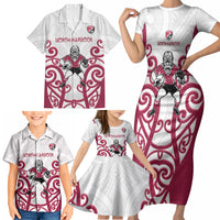 North Harbour Custom Rugby New Zealand Family Matching Short Sleeve Bodycon Dress and Hawaiian Shirt Aotearoa Maori Pukana Tiki Mascot