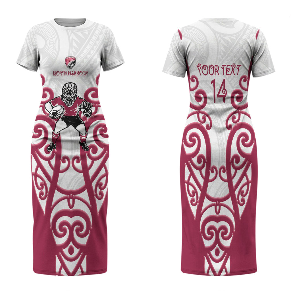 North Harbour Custom Rugby New Zealand Family Matching Short Sleeve Bodycon Dress and Hawaiian Shirt Aotearoa Maori Pukana Tiki Mascot