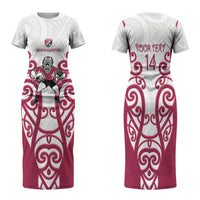 North Harbour Custom Rugby New Zealand Family Matching Short Sleeve Bodycon Dress and Hawaiian Shirt Aotearoa Maori Pukana Tiki Mascot