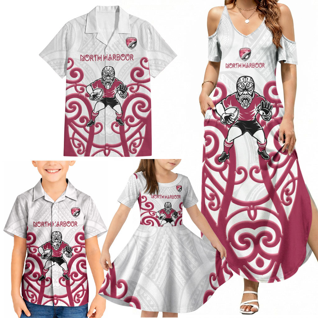 North Harbour Custom Rugby New Zealand Family Matching Summer Maxi Dress and Hawaiian Shirt Aotearoa Maori Pukana Tiki Mascot