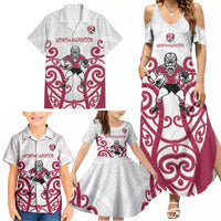 North Harbour Custom Rugby New Zealand Family Matching Summer Maxi Dress and Hawaiian Shirt Aotearoa Maori Pukana Tiki Mascot