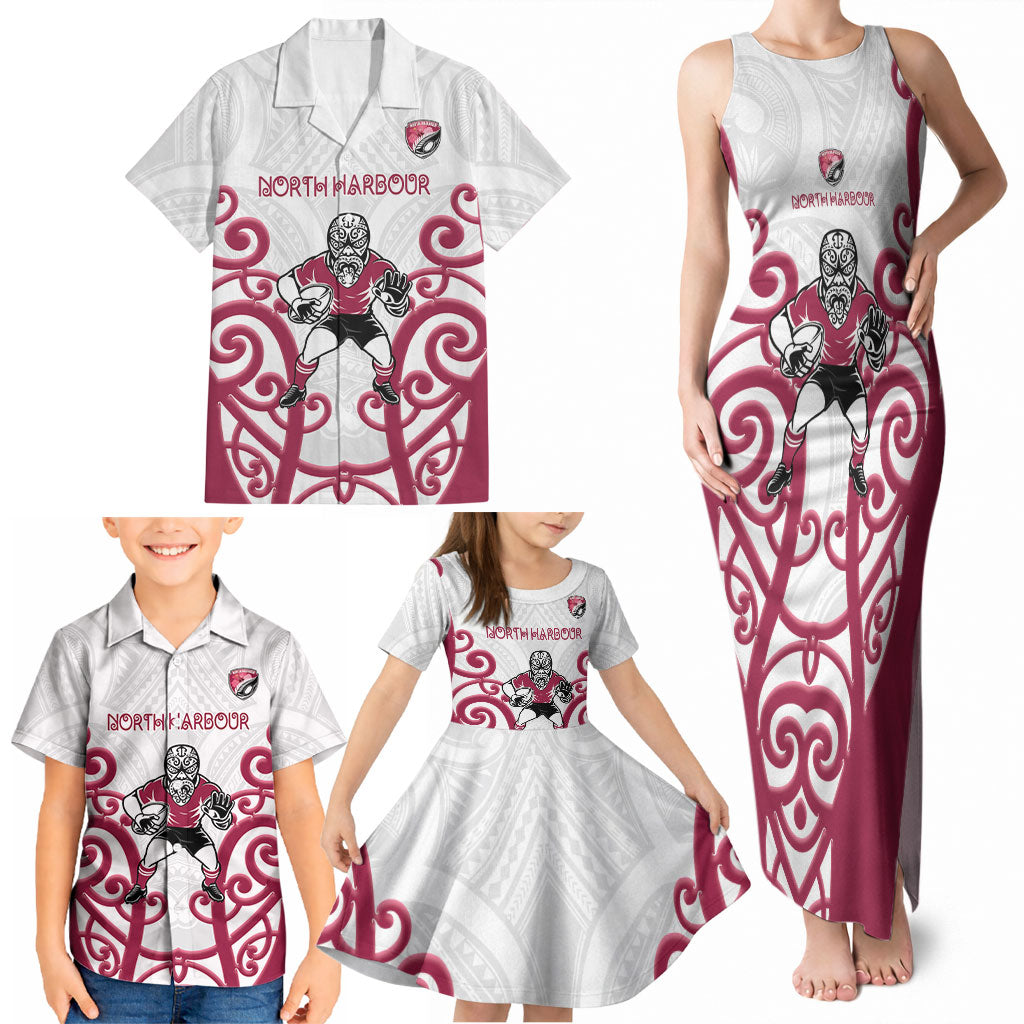 North Harbour Custom Rugby New Zealand Family Matching Tank Maxi Dress and Hawaiian Shirt Aotearoa Maori Pukana Tiki Mascot