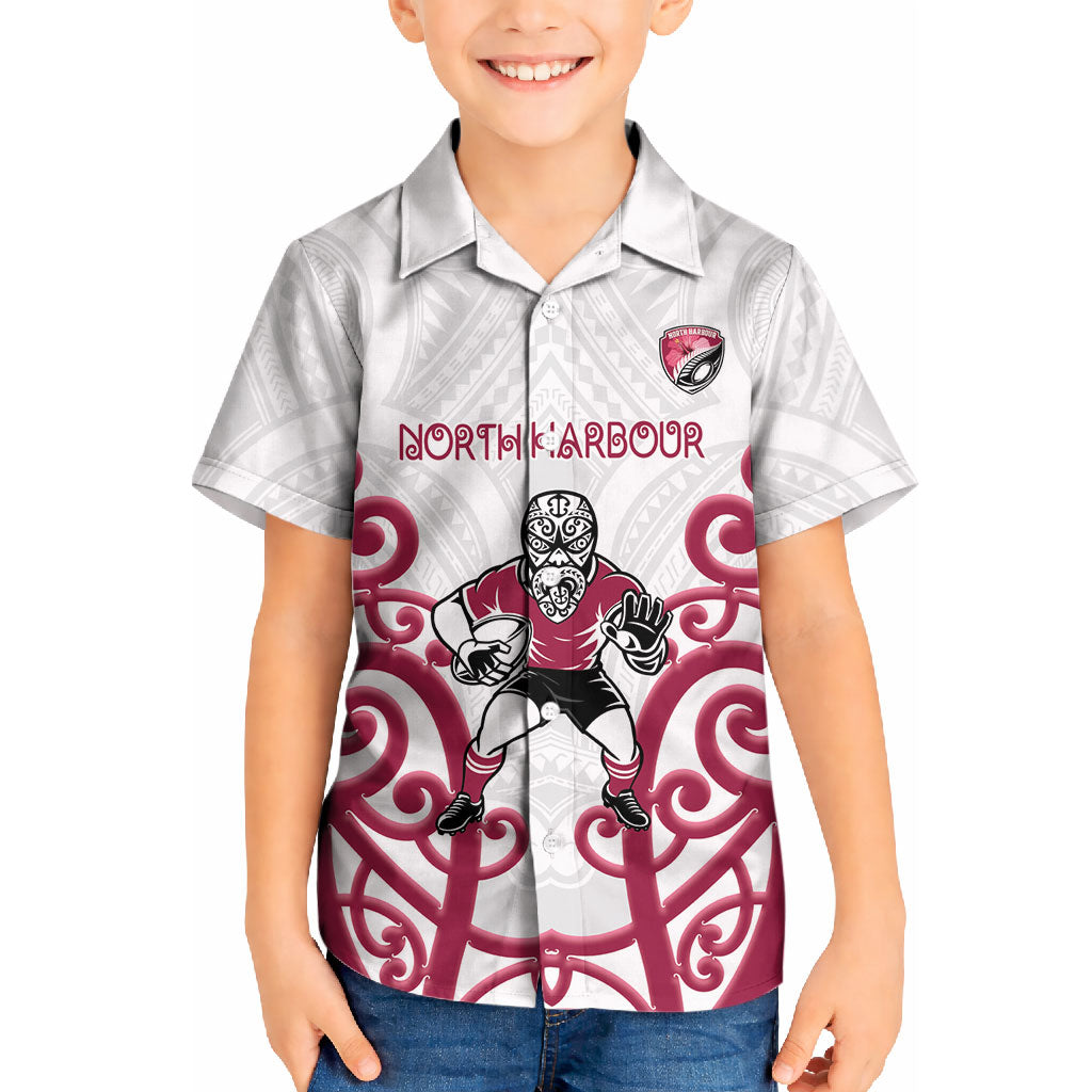 North Harbour Custom Rugby New Zealand Kid Hawaiian Shirt Aotearoa Maori Pukana Tiki Mascot
