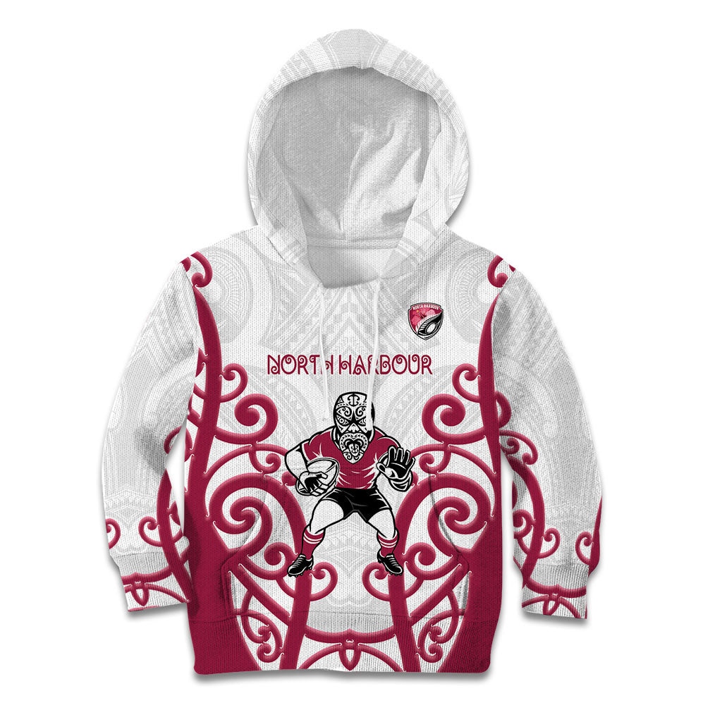 North Harbour Custom Rugby New Zealand Kid Hoodie Aotearoa Maori Pukana Tiki Mascot