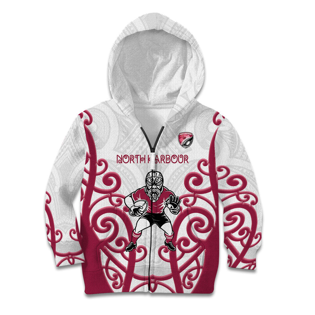 North Harbour Custom Rugby New Zealand Kid Hoodie Aotearoa Maori Pukana Tiki Mascot