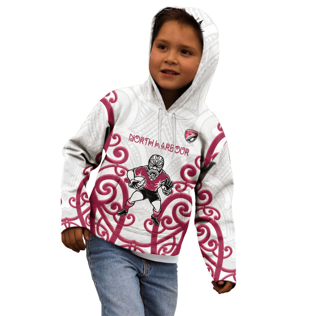 North Harbour Custom Rugby New Zealand Kid Hoodie Aotearoa Maori Pukana Tiki Mascot
