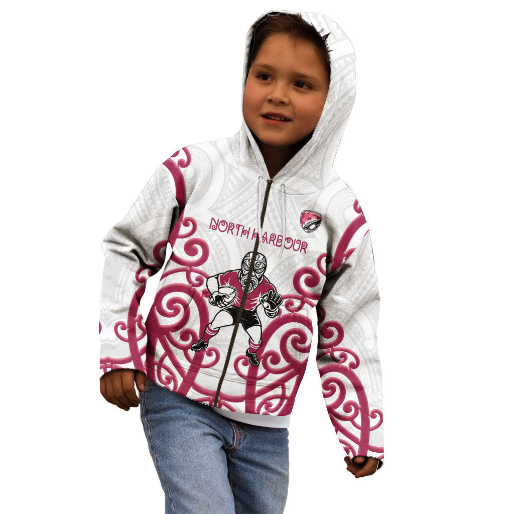 North Harbour Custom Rugby New Zealand Kid Hoodie Aotearoa Maori Pukana Tiki Mascot