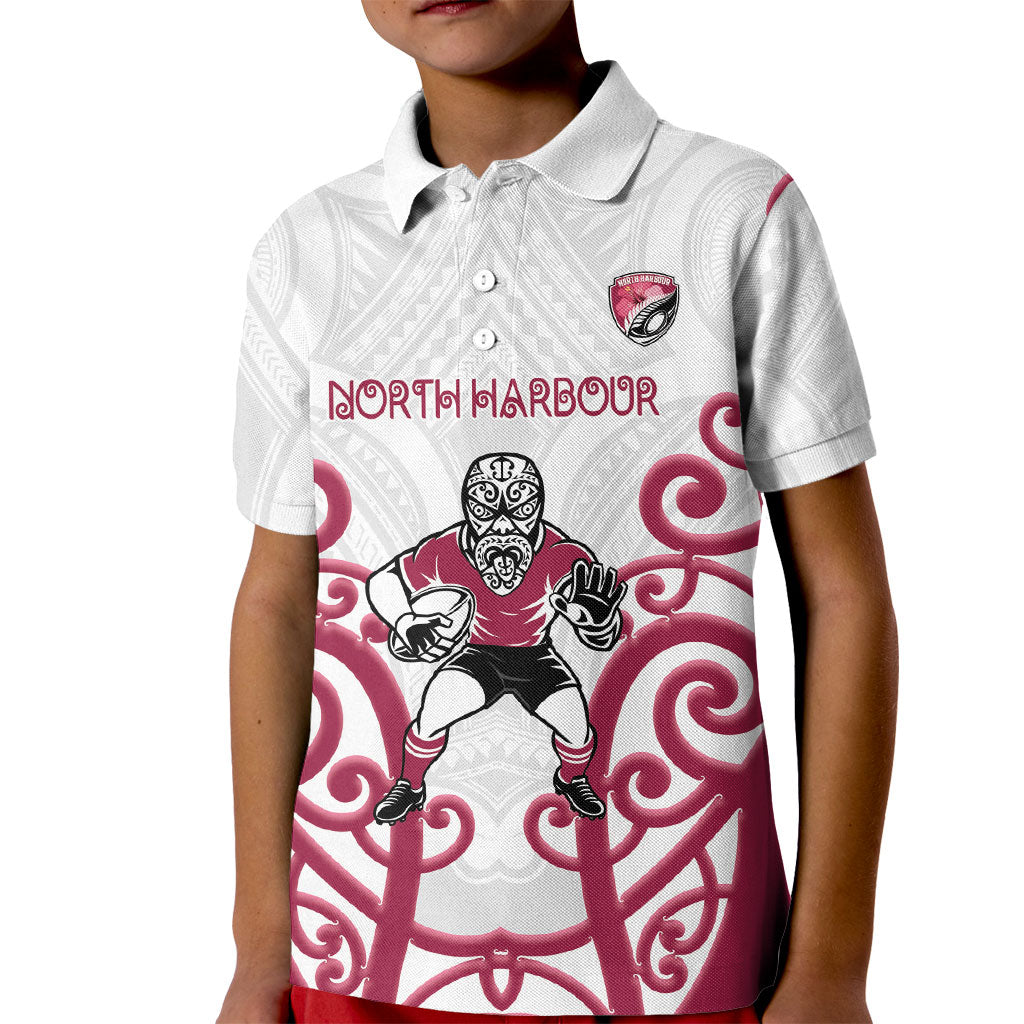 North Harbour Custom Rugby New Zealand Kid Polo Shirt Aotearoa Maori Pukana Tiki Mascot