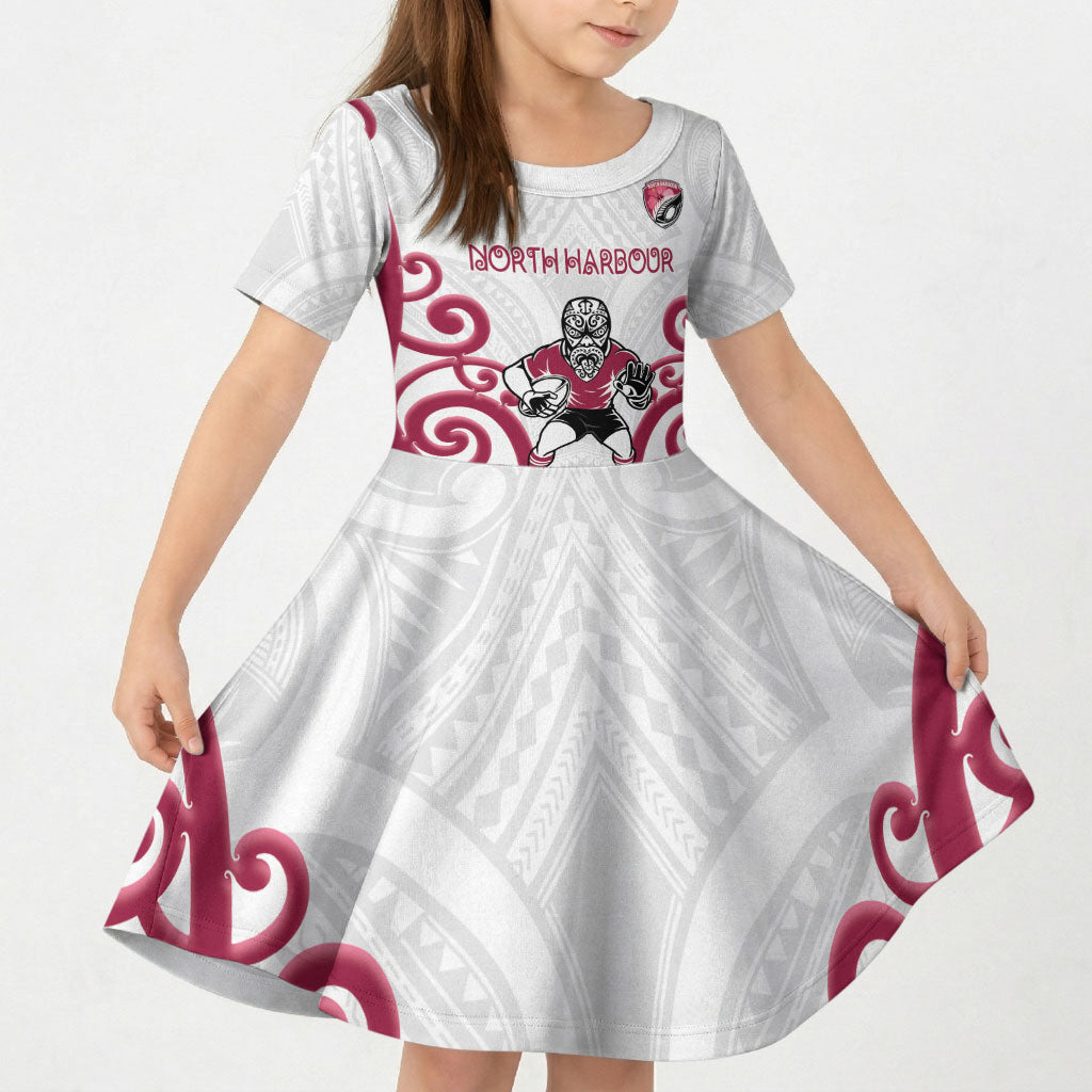 North Harbour Custom Rugby New Zealand Kid Short Sleeve Dress Aotearoa Maori Pukana Tiki Mascot