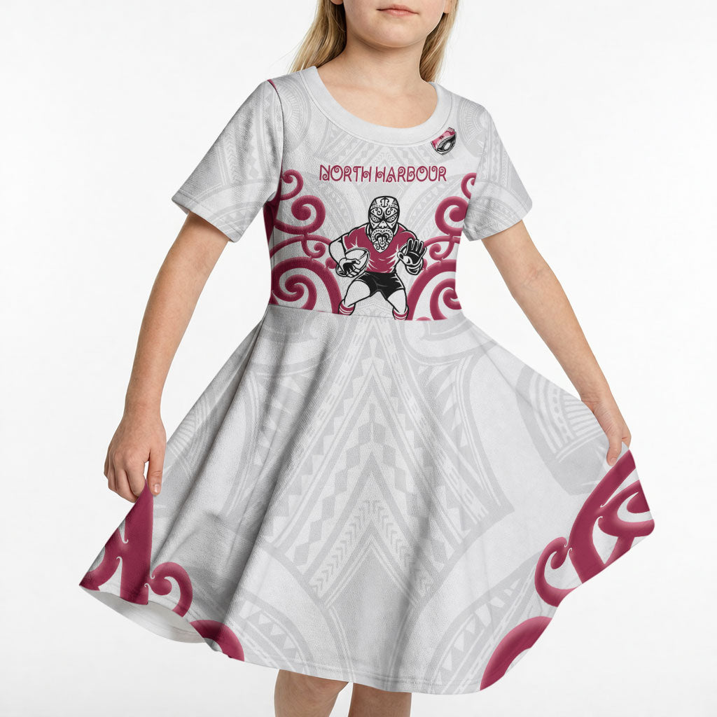North Harbour Custom Rugby New Zealand Kid Short Sleeve Dress Aotearoa Maori Pukana Tiki Mascot