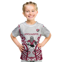 North Harbour Custom Rugby New Zealand Kid T Shirt Aotearoa Maori Pukana Tiki Mascot