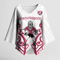 North Harbour Custom Rugby New Zealand Kimono Sleeve Blouse Aotearoa Maori Pukana Tiki Mascot
