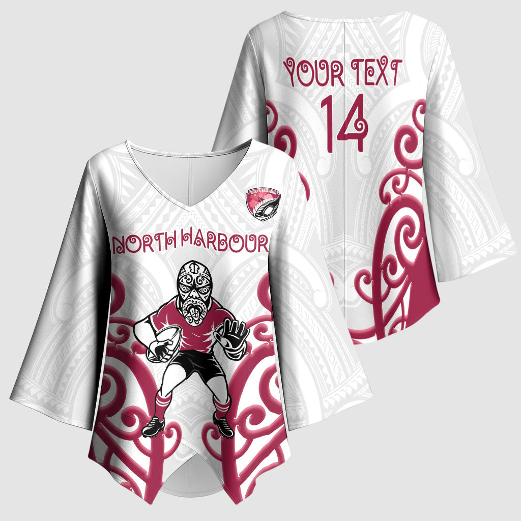 North Harbour Custom Rugby New Zealand Kimono Sleeve Blouse Aotearoa Maori Pukana Tiki Mascot