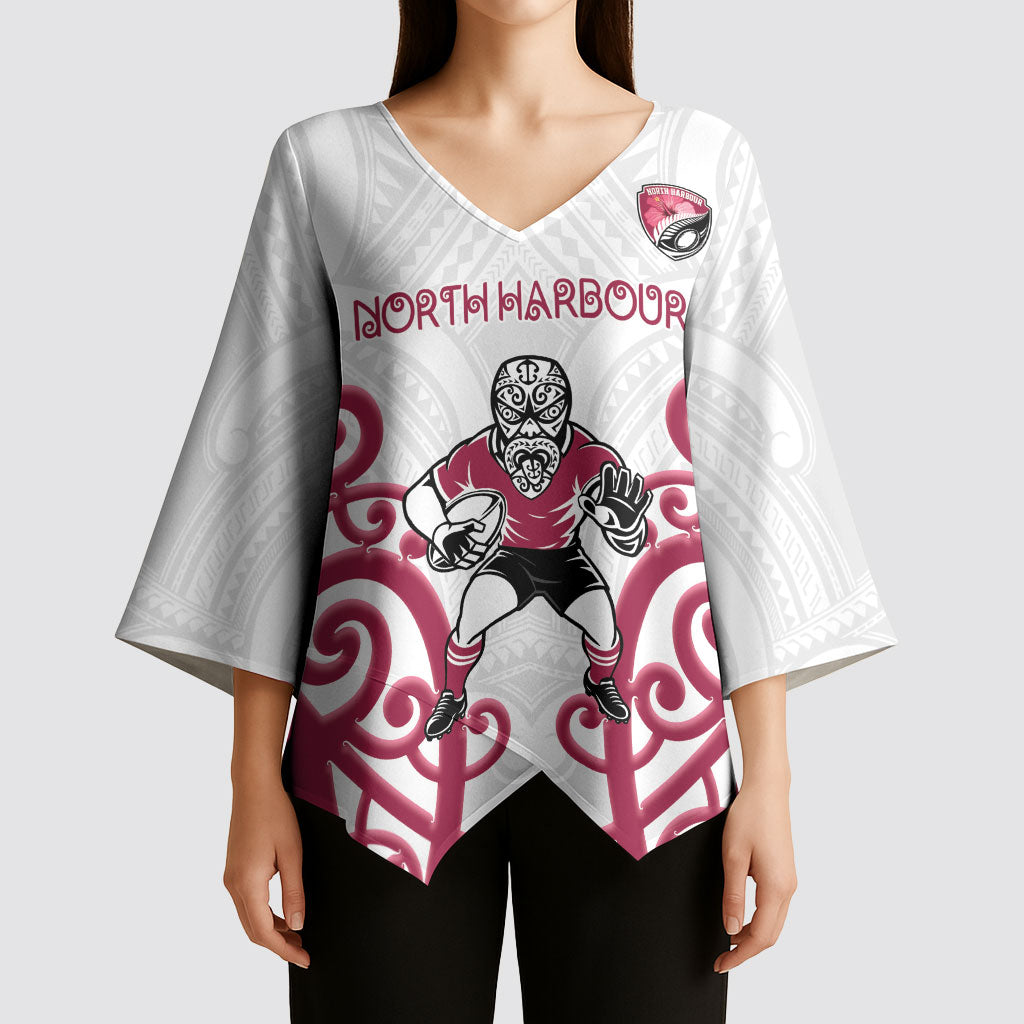 North Harbour Custom Rugby New Zealand Kimono Sleeve Blouse Aotearoa Maori Pukana Tiki Mascot