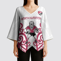 North Harbour Custom Rugby New Zealand Kimono Sleeve Blouse Aotearoa Maori Pukana Tiki Mascot