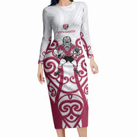 North Harbour Custom Rugby New Zealand Long Sleeve Bodycon Dress Aotearoa Maori Pukana Tiki Mascot