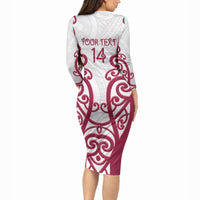 North Harbour Custom Rugby New Zealand Long Sleeve Bodycon Dress Aotearoa Maori Pukana Tiki Mascot