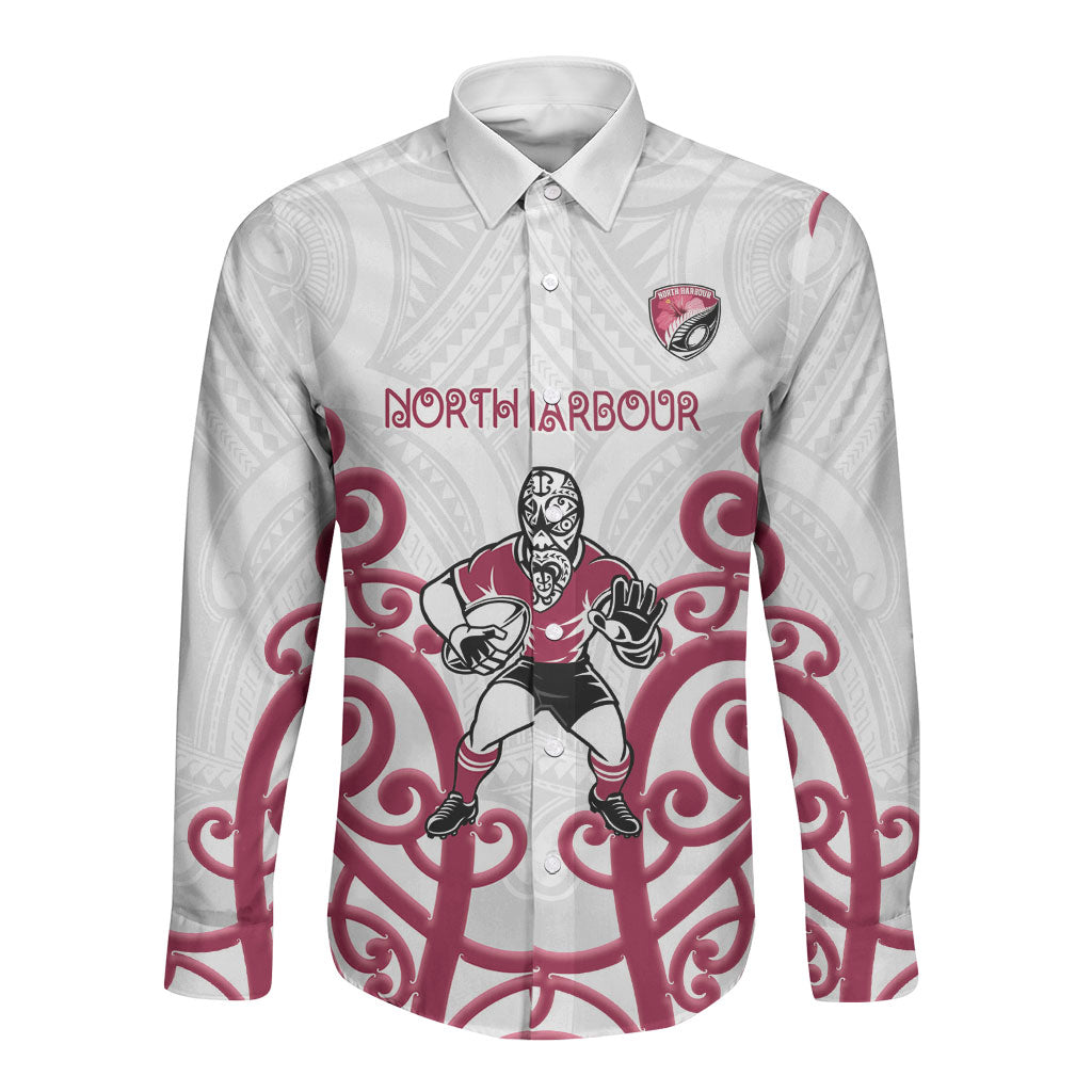 North Harbour Custom Rugby New Zealand Long Sleeve Button Shirt Aotearoa Maori Pukana Tiki Mascot