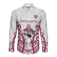 North Harbour Custom Rugby New Zealand Long Sleeve Button Shirt Aotearoa Maori Pukana Tiki Mascot