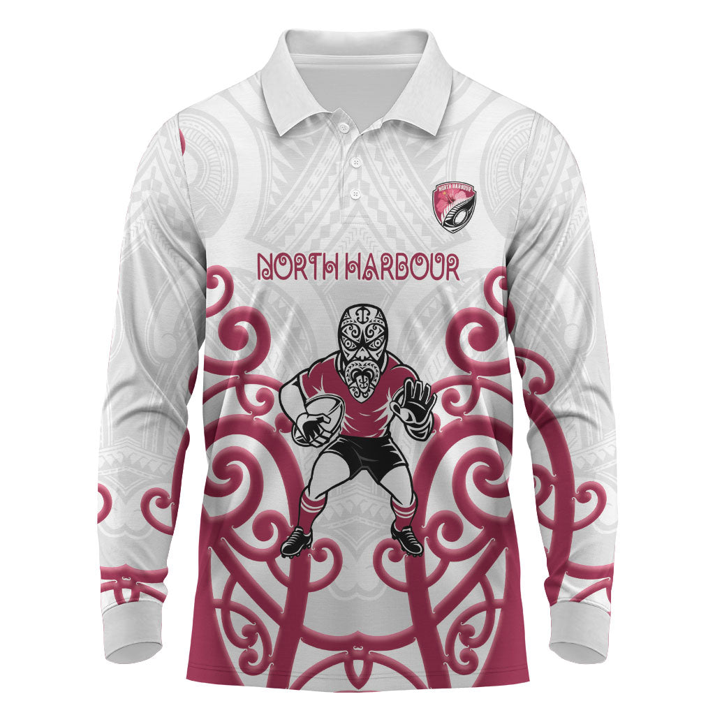 North Harbour Custom Rugby New Zealand Long Sleeve Polo Shirt Aotearoa Maori Pukana Tiki Mascot
