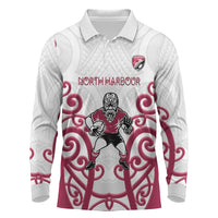 North Harbour Custom Rugby New Zealand Long Sleeve Polo Shirt Aotearoa Maori Pukana Tiki Mascot