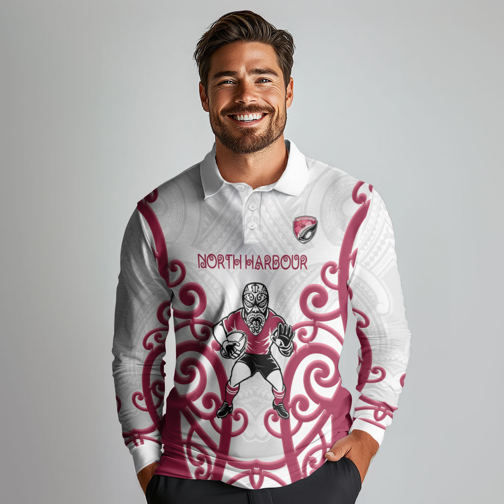 North Harbour Custom Rugby New Zealand Long Sleeve Polo Shirt Aotearoa Maori Pukana Tiki Mascot