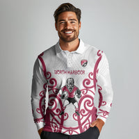North Harbour Custom Rugby New Zealand Long Sleeve Polo Shirt Aotearoa Maori Pukana Tiki Mascot