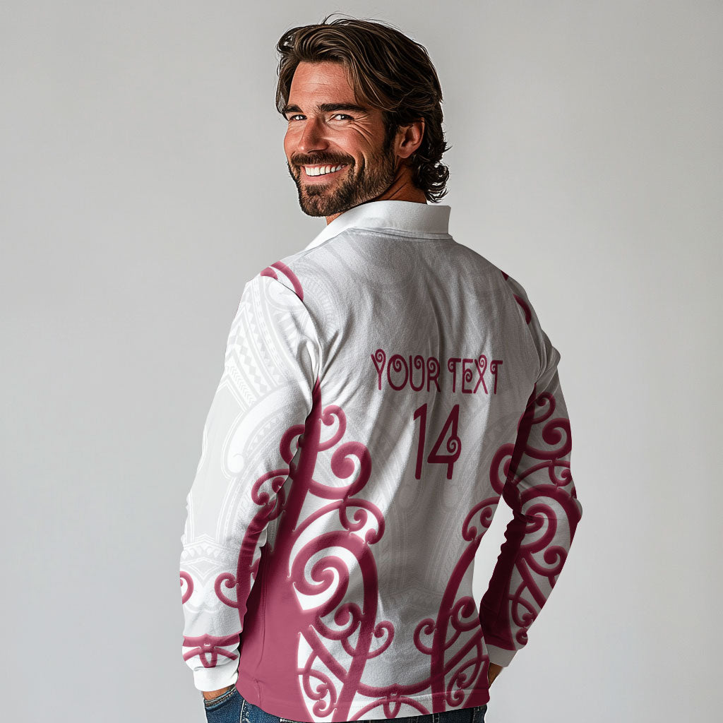 North Harbour Custom Rugby New Zealand Long Sleeve Polo Shirt Aotearoa Maori Pukana Tiki Mascot