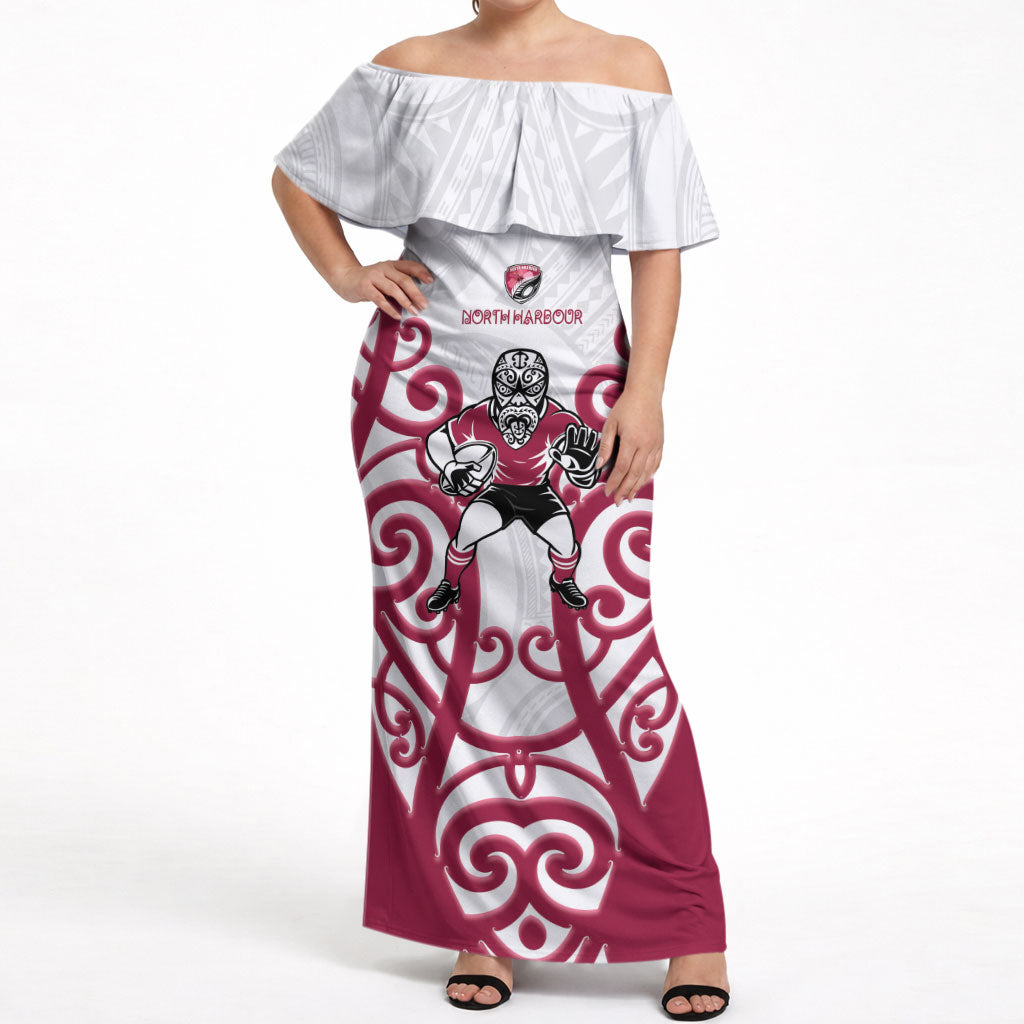North Harbour Custom Rugby New Zealand Off Shoulder Maxi Dress Aotearoa Maori Pukana Tiki Mascot