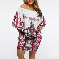 North Harbour Custom Rugby New Zealand Off Shoulder Short Dress Aotearoa Maori Pukana Tiki Mascot