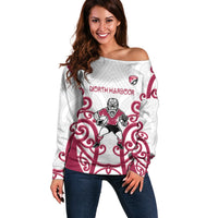 North Harbour Custom Rugby New Zealand Off Shoulder Sweater Aotearoa Maori Pukana Tiki Mascot