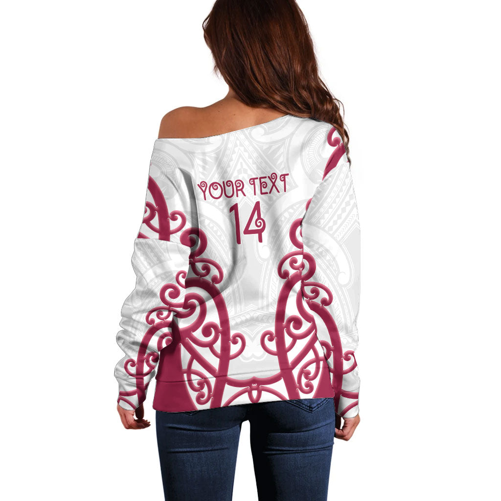 North Harbour Custom Rugby New Zealand Off Shoulder Sweater Aotearoa Maori Pukana Tiki Mascot