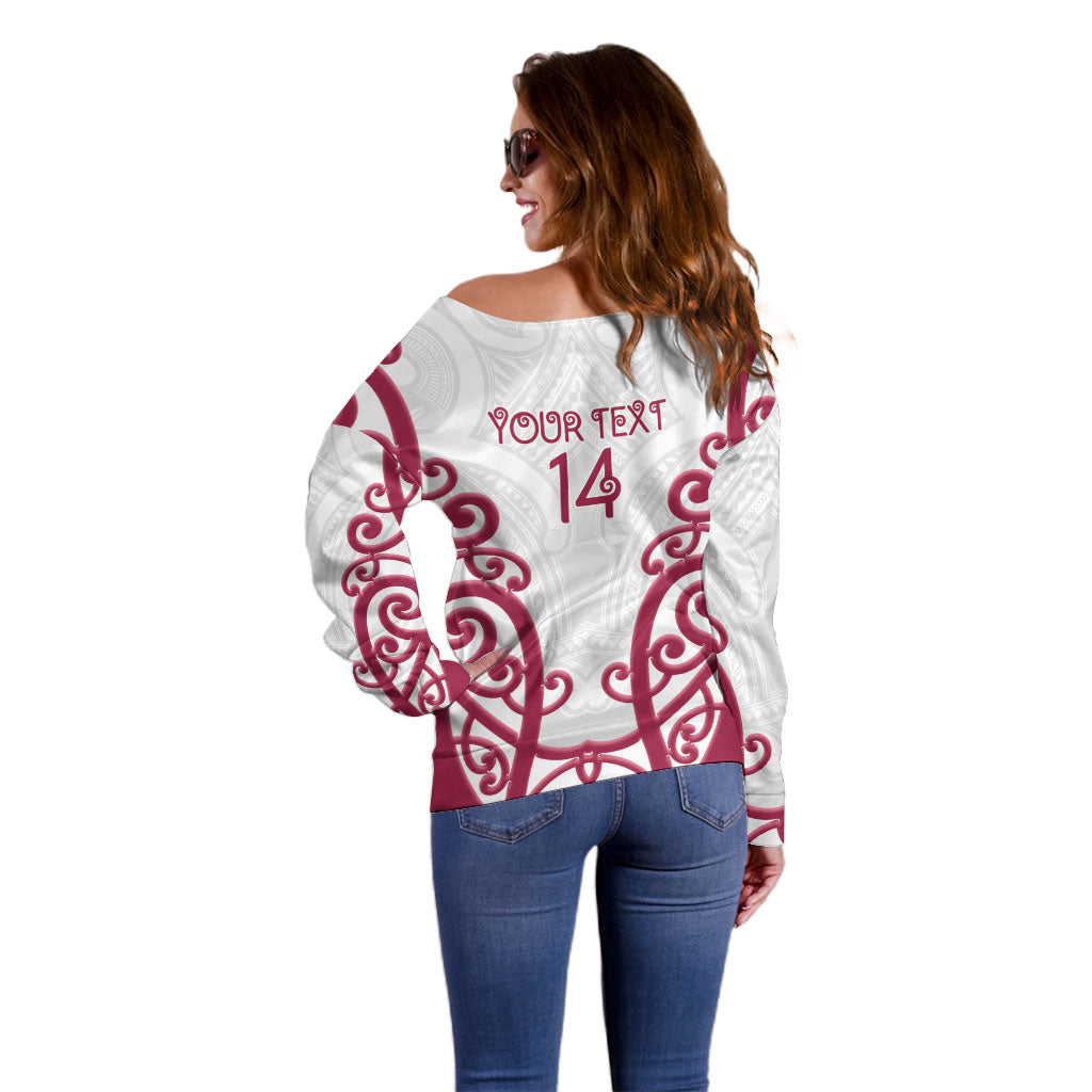 North Harbour Custom Rugby New Zealand Off Shoulder Sweater Aotearoa Maori Pukana Tiki Mascot
