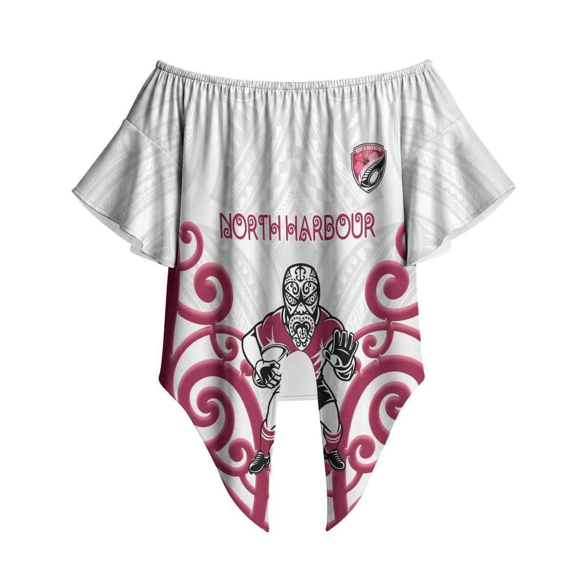 North Harbour Custom Rugby New Zealand Off Shoulder Wrap Waist Top Aotearoa Maori Pukana Tiki Mascot