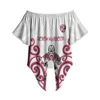 North Harbour Custom Rugby New Zealand Off Shoulder Wrap Waist Top Aotearoa Maori Pukana Tiki Mascot