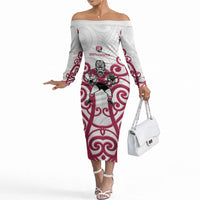 North Harbour Custom Rugby New Zealand Off The Shoulder Long Sleeve Dress Aotearoa Maori Pukana Tiki Mascot