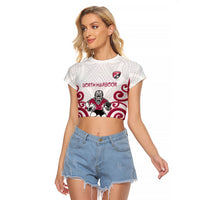 North Harbour Custom Rugby New Zealand Raglan Cropped T Shirt Aotearoa Maori Pukana Tiki Mascot
